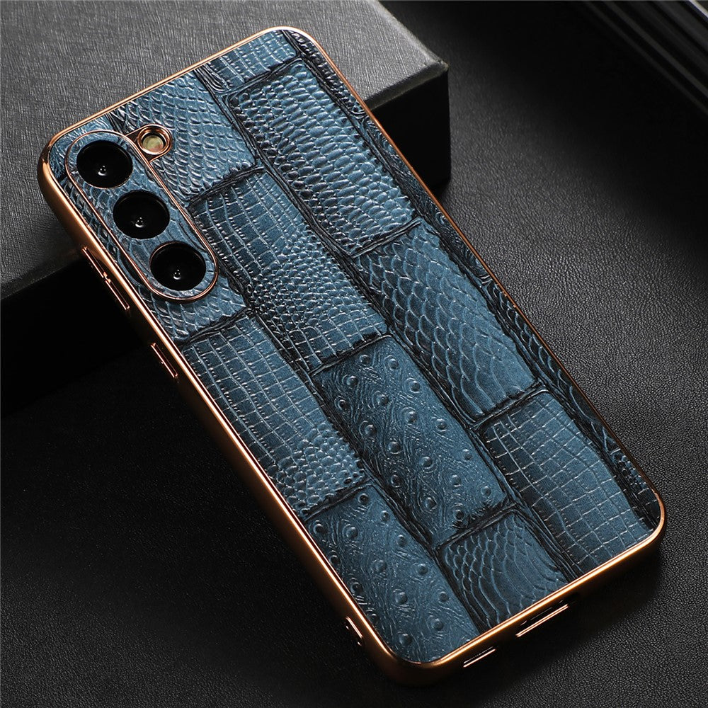 For Samsung Galaxy S23+ Nano Electroplating Mahjong Texture Phone Case Genuine Cowhide Leather+PC+TPU Cover