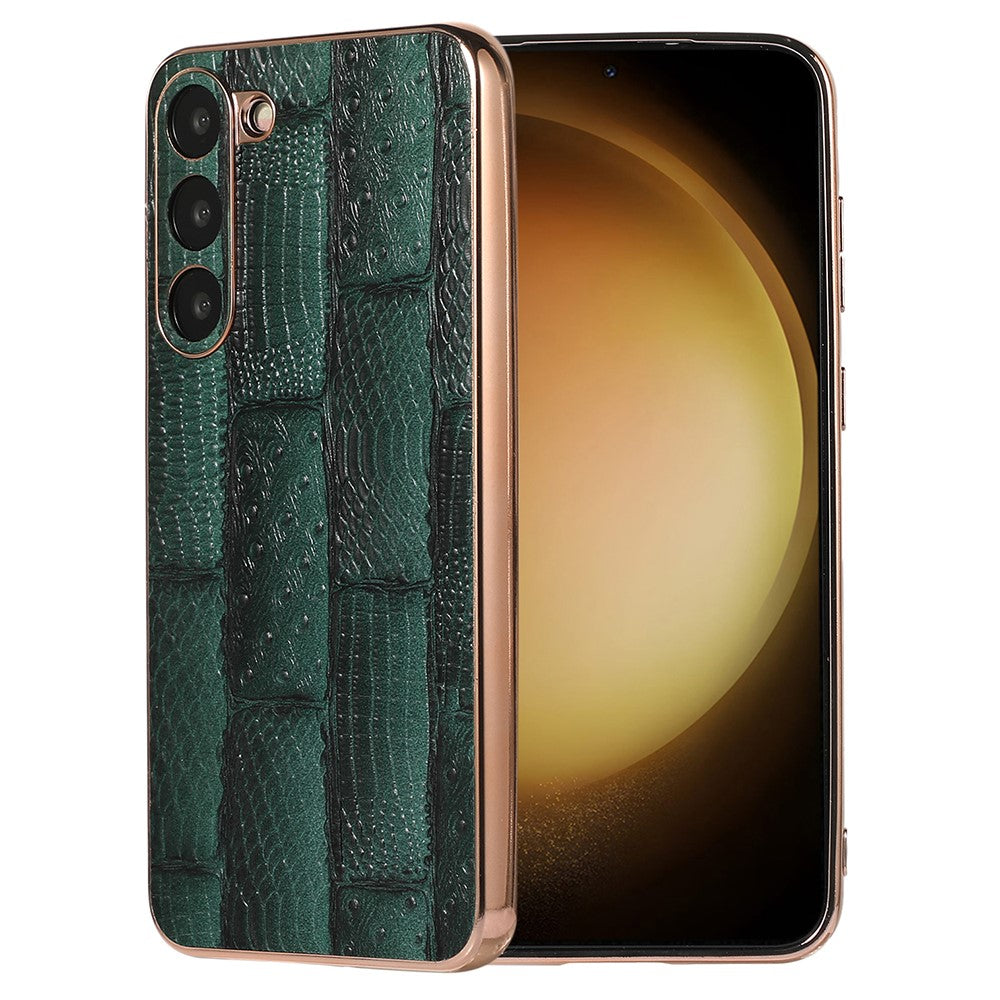 For Samsung Galaxy S23+ Nano Electroplating Mahjong Texture Phone Case Genuine Cowhide Leather+PC+TPU Cover