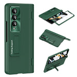 For Samsung Galaxy Z Fold3 5G Leather Coated PC Phone Case Hinge Protection Kickstand Cover with Tempered Glass Film