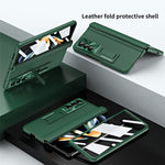 For Samsung Galaxy Z Fold3 5G Leather Coated PC Phone Case Hinge Protection Kickstand Cover with Tempered Glass Film