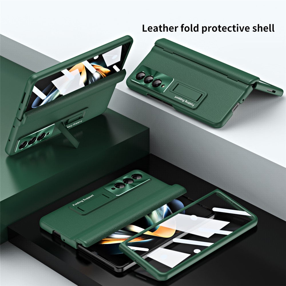 For Samsung Galaxy Z Fold3 5G Leather Coated PC Phone Case Hinge Protection Kickstand Cover with Tempered Glass Film