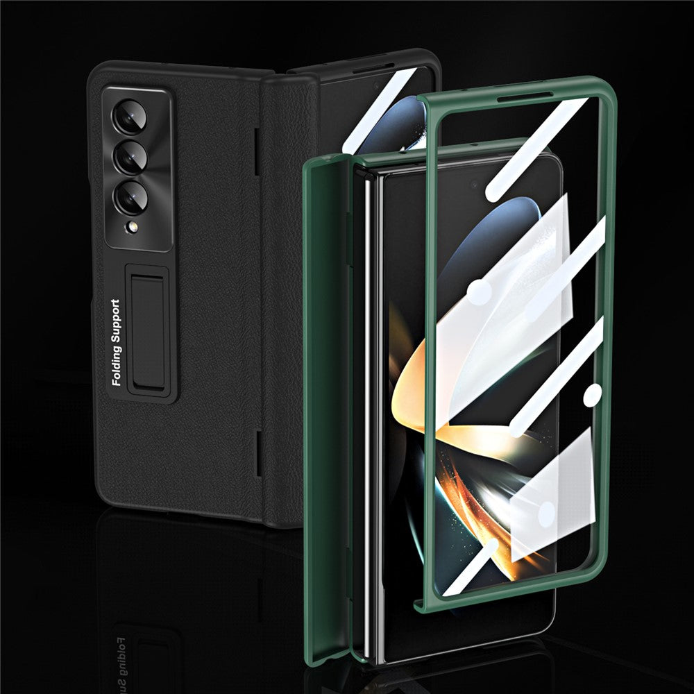 For Samsung Galaxy Z Fold3 5G Leather Coated PC Phone Case Hinge Protection Kickstand Cover with Tempered Glass Film
