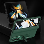 For Samsung Galaxy Z Fold3 5G Leather Coated PC Phone Case Hinge Protection Kickstand Cover with Tempered Glass Film