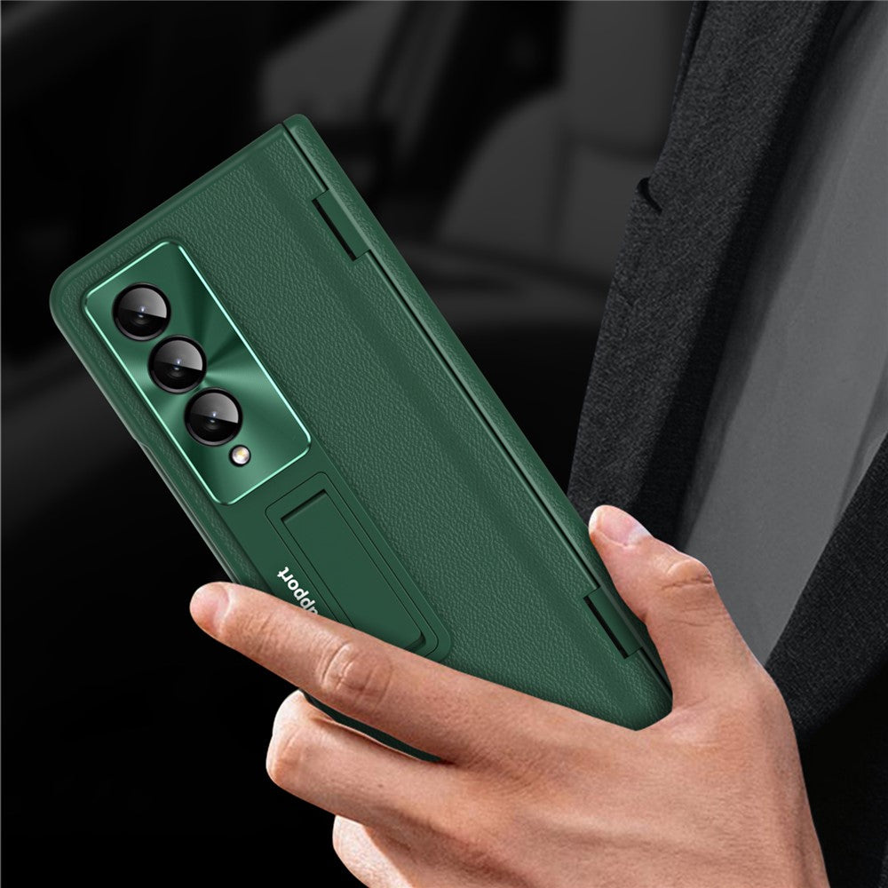 For Samsung Galaxy Z Fold3 5G Leather Coated PC Phone Case Hinge Protection Kickstand Cover with Tempered Glass Film