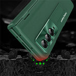 For Samsung Galaxy Z Fold3 5G Leather Coated PC Phone Case Hinge Protection Kickstand Cover with Tempered Glass Film