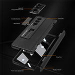 For Samsung Galaxy Z Fold3 5G Leather Coated PC Phone Case Hinge Protection Kickstand Cover with Tempered Glass Film