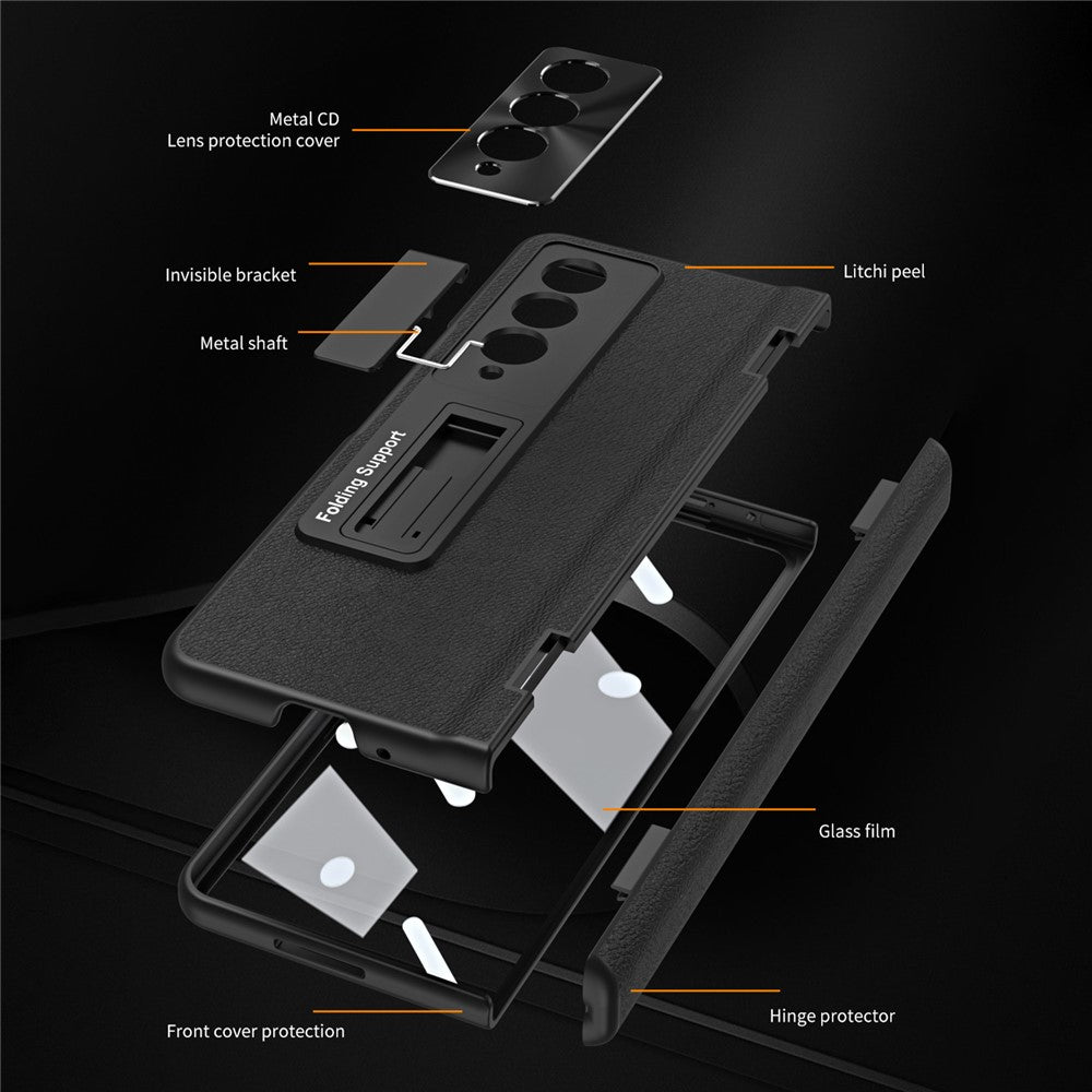 For Samsung Galaxy Z Fold3 5G Leather Coated PC Phone Case Hinge Protection Kickstand Cover with Tempered Glass Film