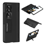 For Samsung Galaxy Z Fold3 5G Leather Coated PC Phone Case Hinge Protection Kickstand Cover with Tempered Glass Film