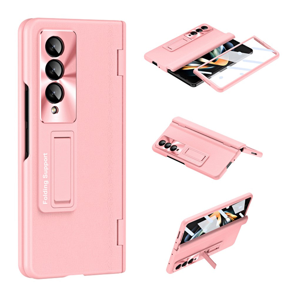 For Samsung Galaxy Z Fold3 5G Leather Coated PC Phone Case Hinge Protection Kickstand Cover with Tempered Glass Film