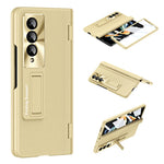 For Samsung Galaxy Z Fold3 5G Leather Coated PC Phone Case Hinge Protection Kickstand Cover with Tempered Glass Film