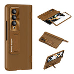 For Samsung Galaxy Z Fold3 5G Leather Coated PC Phone Case Hinge Protection Kickstand Cover with Tempered Glass Film