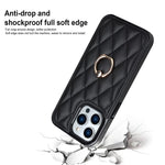 For iPhone 12 Pro Max Anti-Dust PU Leather+TPU Phone Case Stitching Rhombus Ring Holder Kickstand Phone Shell