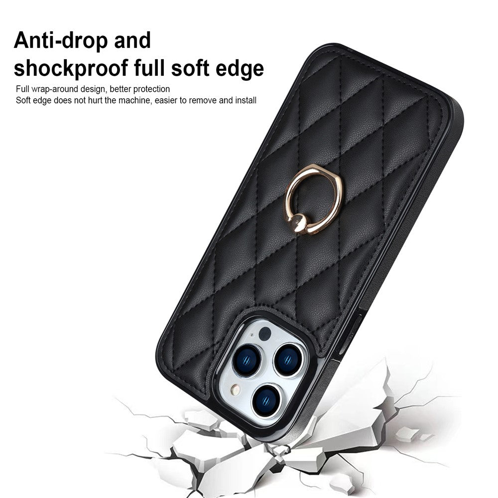 For iPhone 12 Pro Max Anti-Dust PU Leather+TPU Phone Case Stitching Rhombus Ring Holder Kickstand Phone Shell