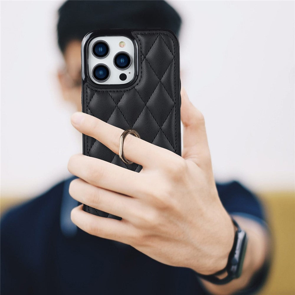 For iPhone 12 Pro Max Anti-Dust PU Leather+TPU Phone Case Stitching Rhombus Ring Holder Kickstand Phone Shell