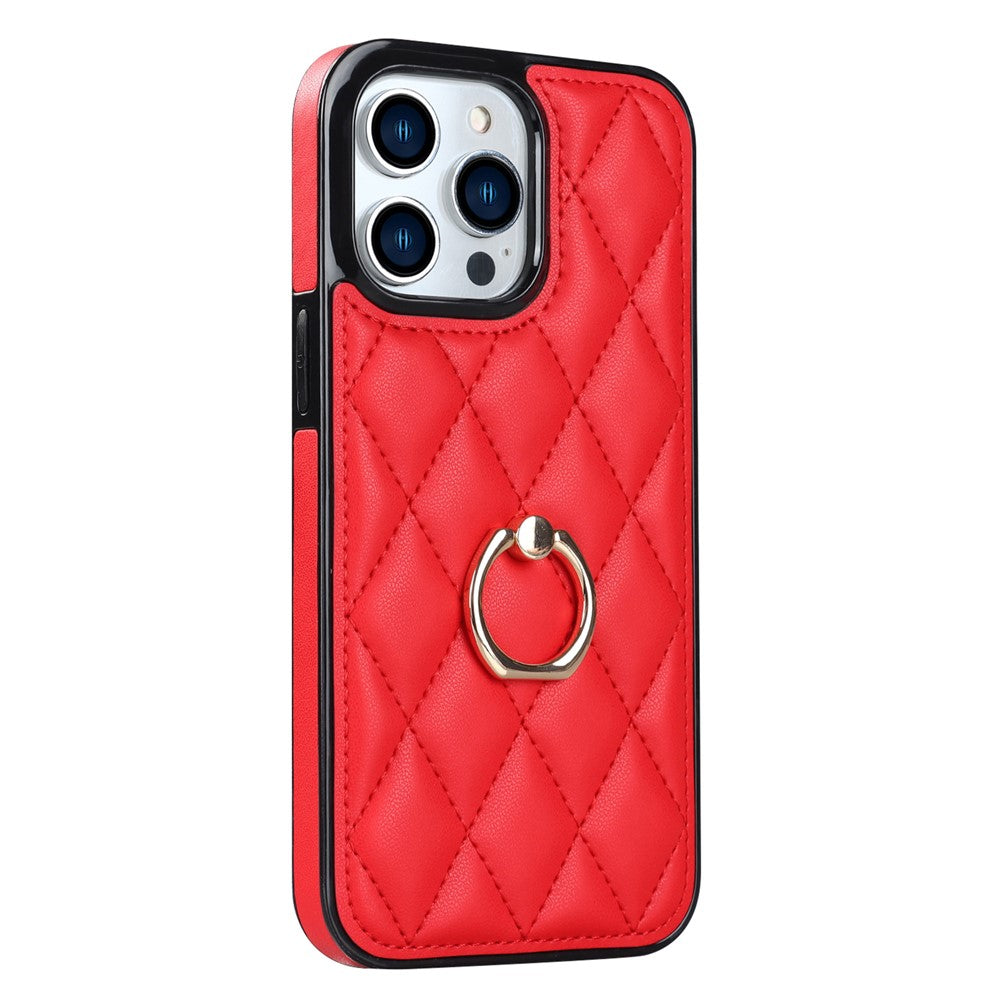 For iPhone 12 Pro Max Anti-Dust PU Leather+TPU Phone Case Stitching Rhombus Ring Holder Kickstand Phone Shell