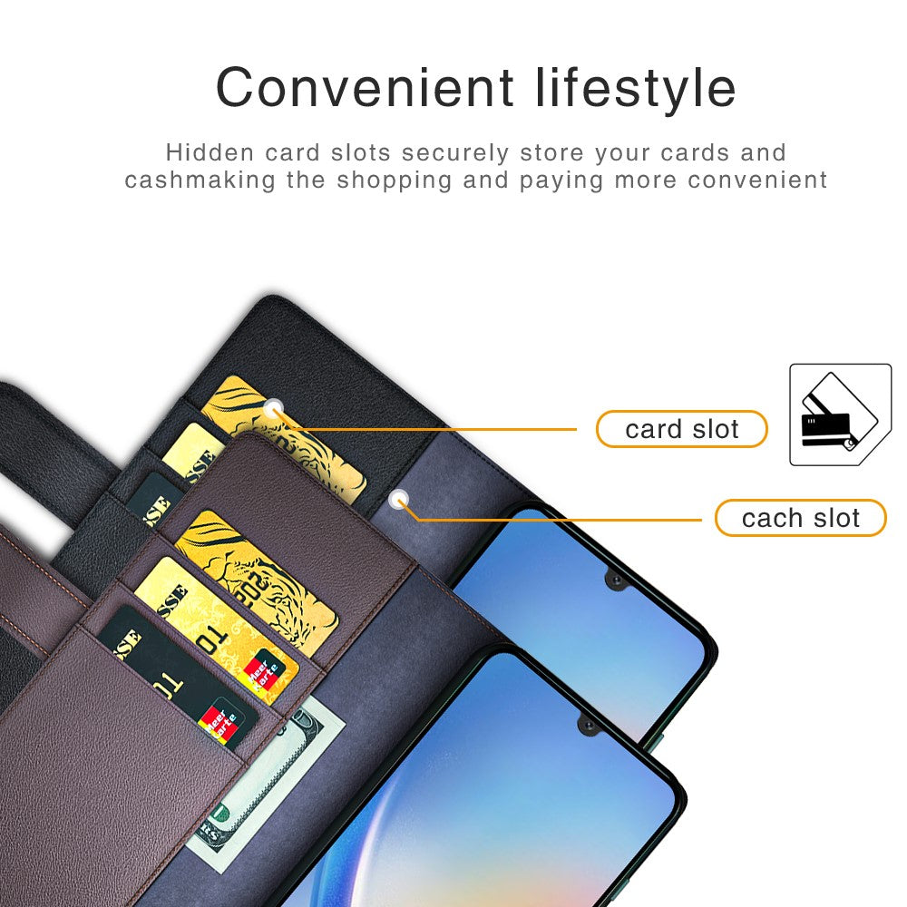 For Samsung Galaxy A24 4G (162.1 x 77.6 x 8.3mm) Flip Stand Drop-proof Cover Genuine Cow Leather Phone Wallet Case