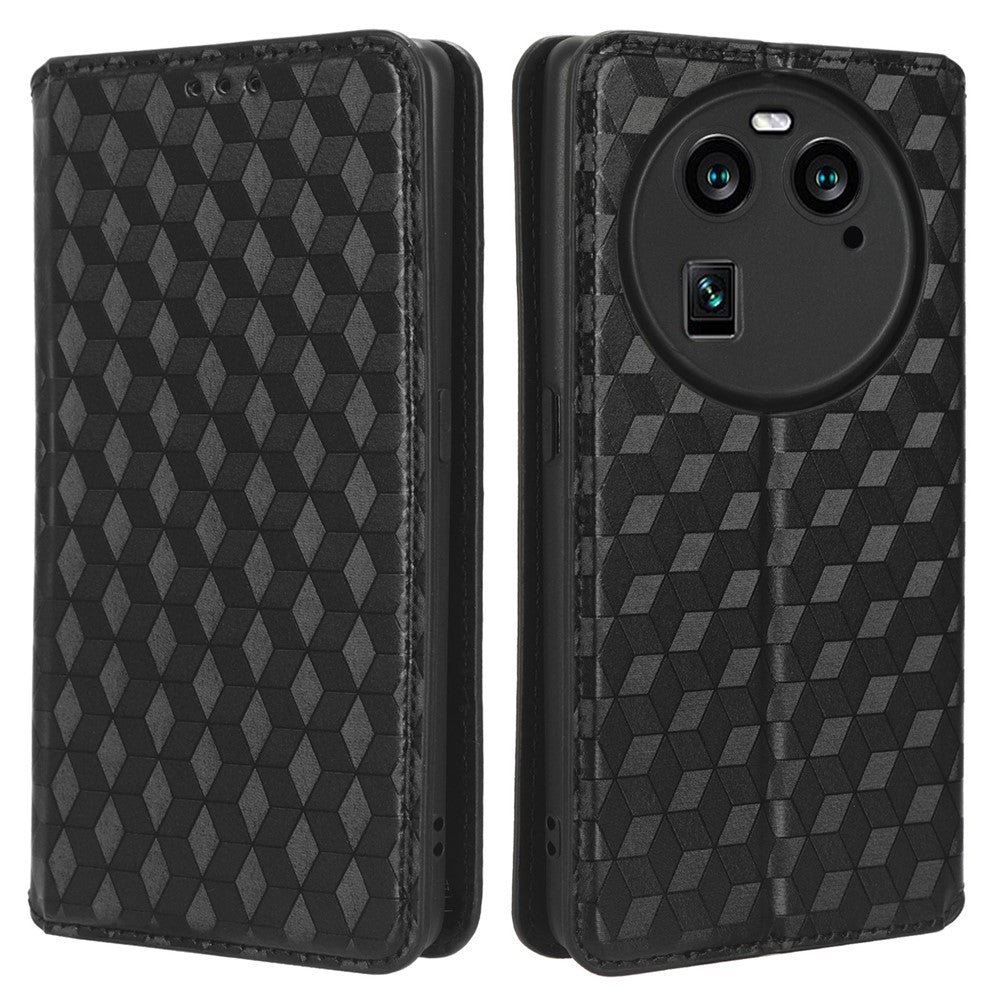 Wallet Case for Oppo Find X6 Imprinted Rhombus Pattern PU Leather+TPU Stand Phone Cover