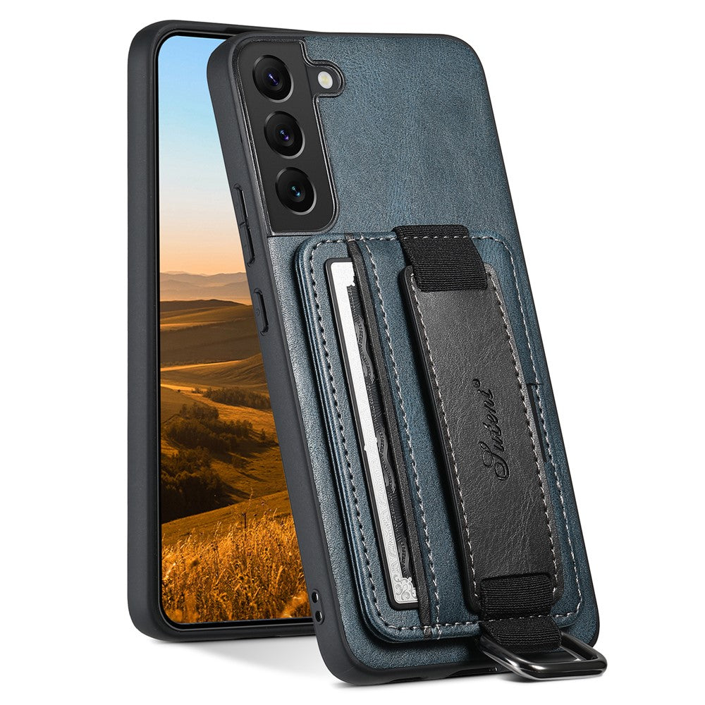 SUTENI H13 Back Case for Samsung Galaxy S22+ 5G Card Holder Leather Coated PC+TPU Phone Kickstand Cover with Hand Strap