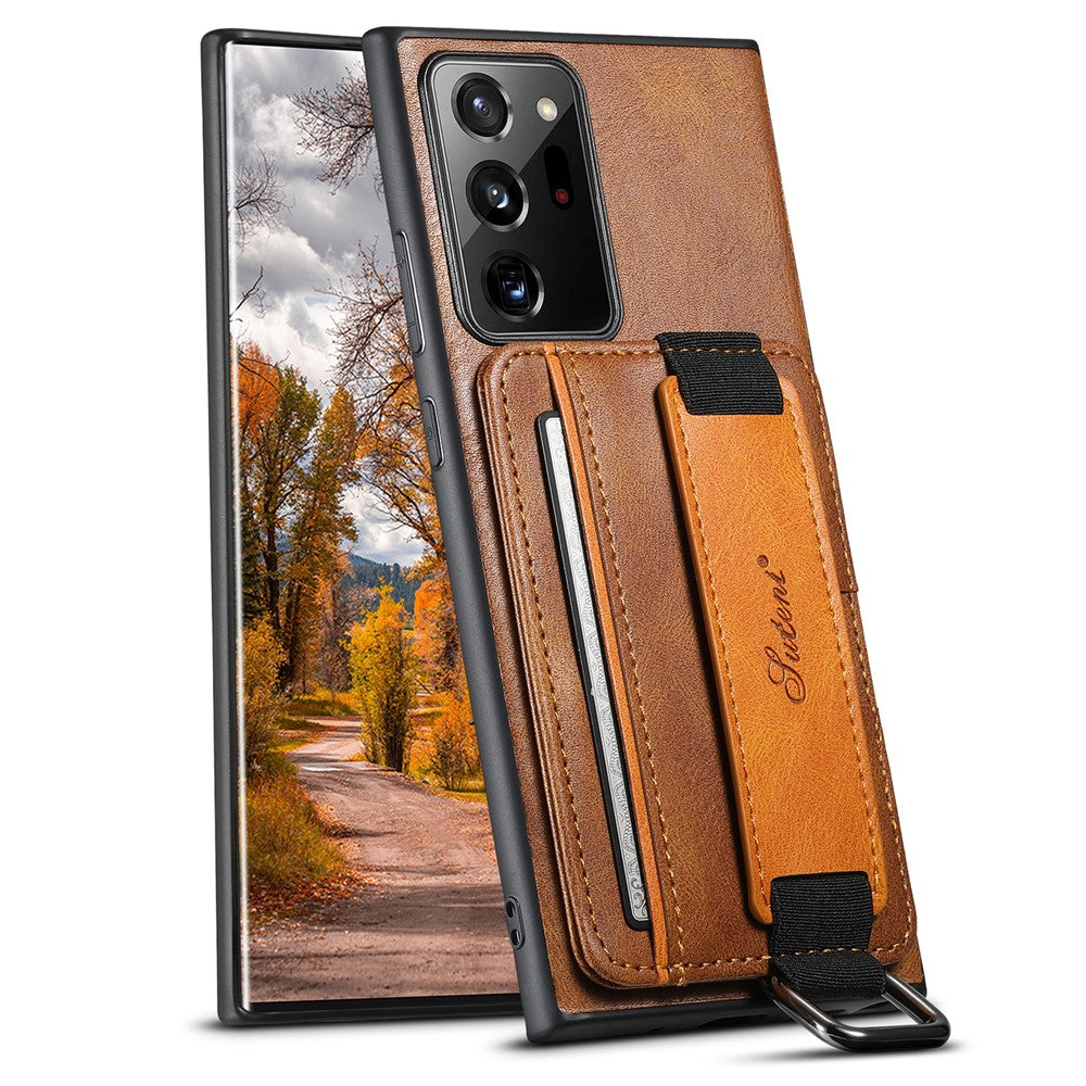 SUTENI H13 För Samsung Galaxy Note20 Ultra / Note20 Ultra 5G Korthållarskal Läderbelagt PC+TPU mobilskal med Stöd och Handrem