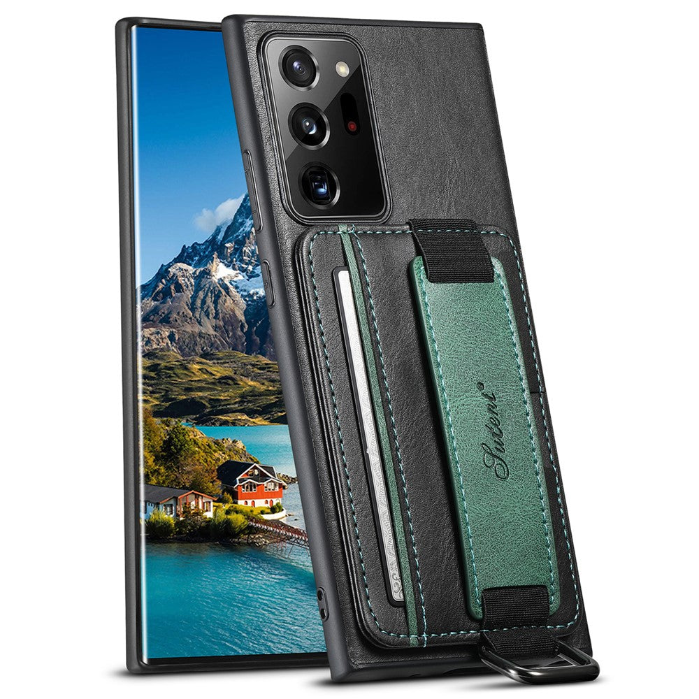 SUTENI H13 För Samsung Galaxy Note20 Ultra / Note20 Ultra 5G Korthållarskal Läderbelagt PC+TPU mobilskal med Stöd och Handrem