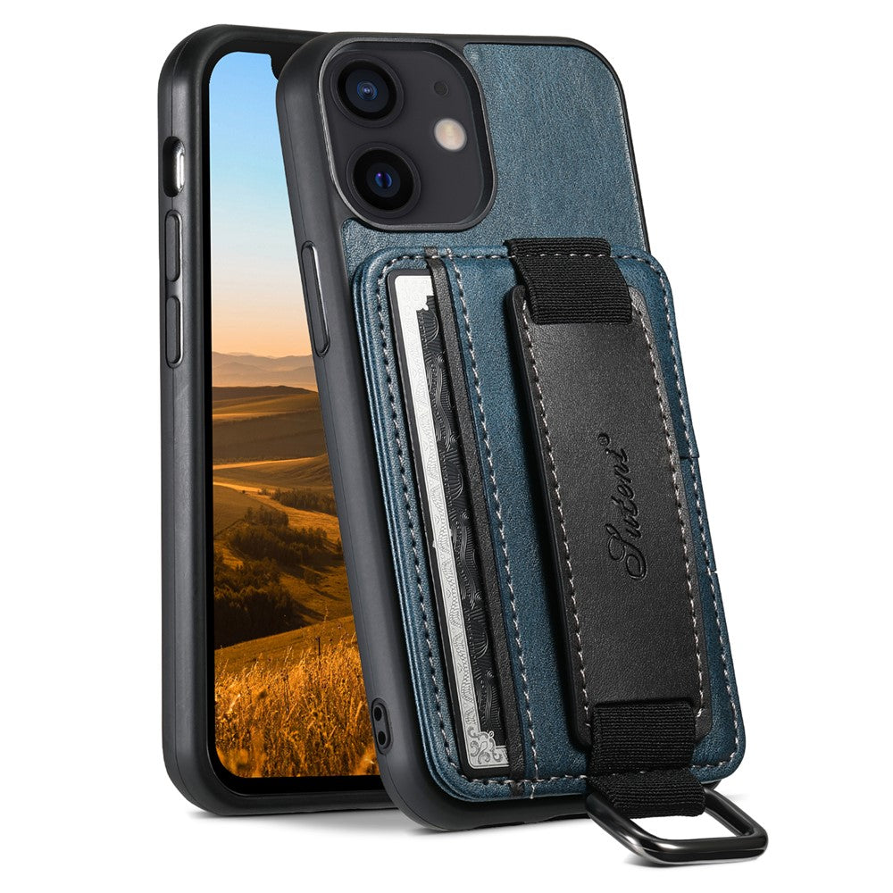 SUTENI H13 til iPhone 12 mini 5,4 tommer kortholderetui med håndrem, støttefod, læderbelagt PC+TPU telefoncover