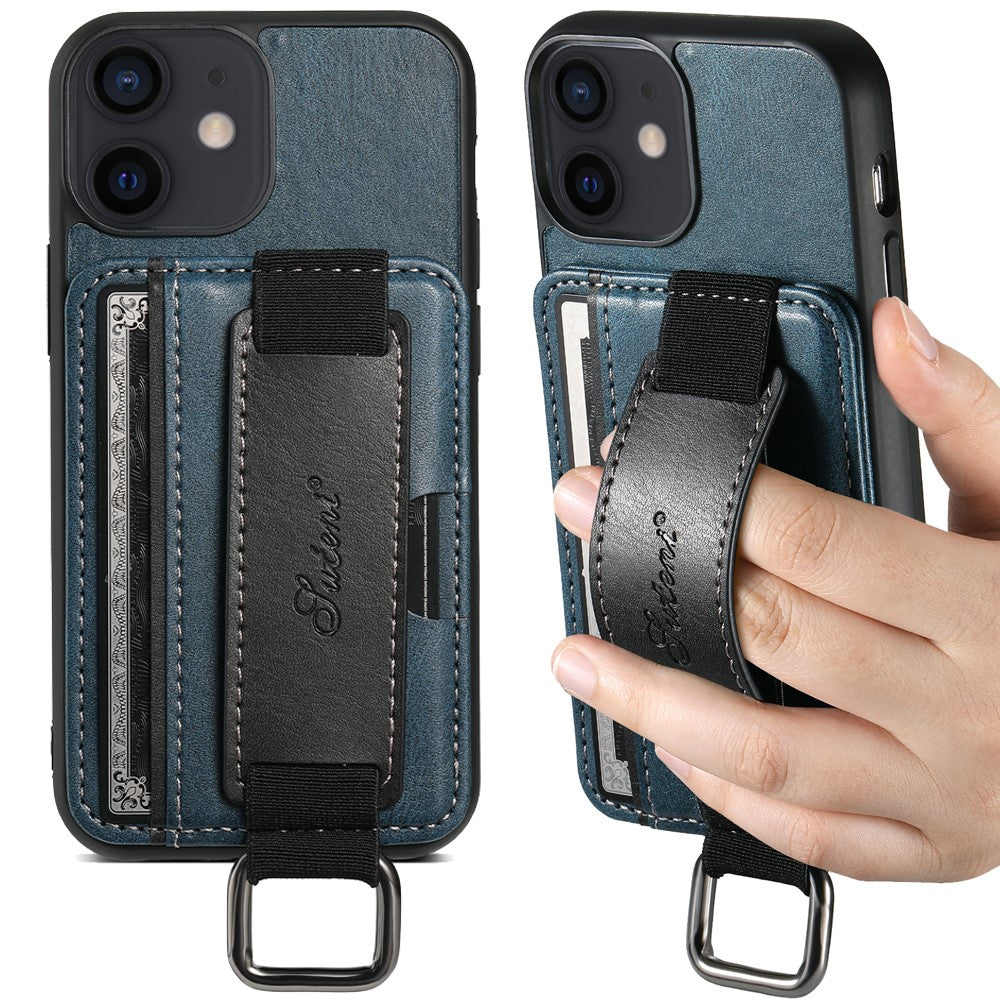 SUTENI H13 til iPhone 12 mini 5,4 tommer kortholderetui med håndrem, støttefod, læderbelagt PC+TPU telefoncover
