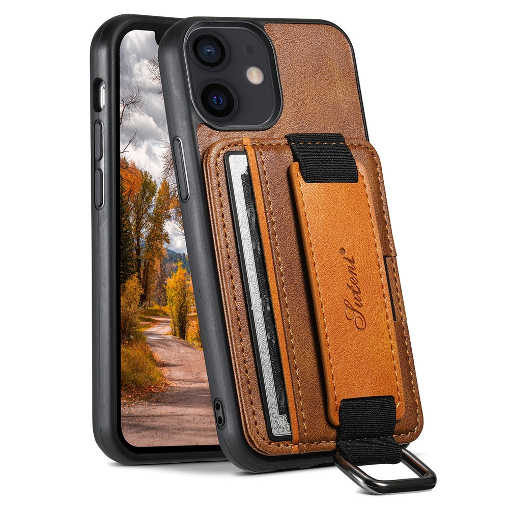 SUTENI H13 til iPhone 12 mini 5,4 tommer kortholderetui med håndrem, støttefod, læderbelagt PC+TPU telefoncover
