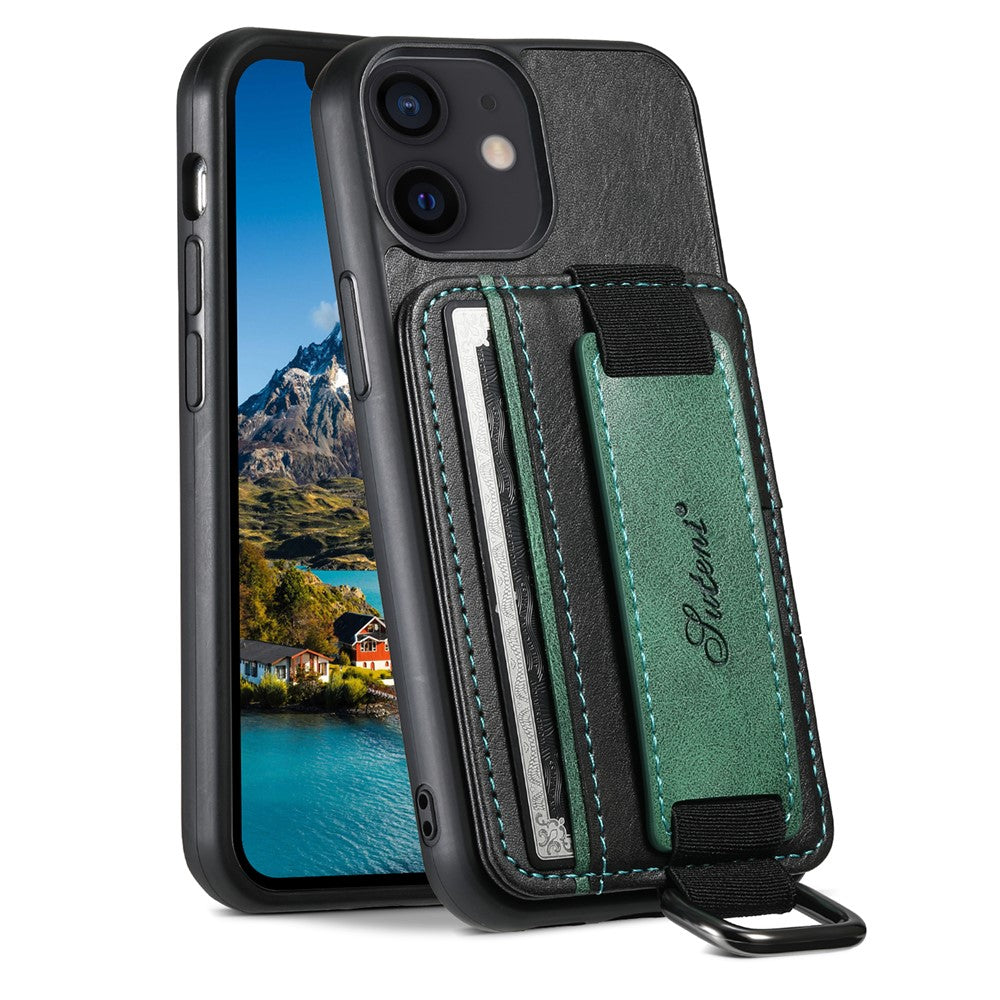 SUTENI H13 til iPhone 12 mini 5,4 tommer kortholderetui med håndrem, støttefod, læderbelagt PC+TPU telefoncover