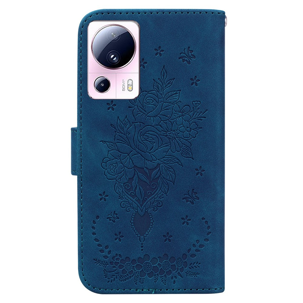 PU-læder-pungcover til Xiaomi 13 Lite / Civi 2 5G med trykt rosenfuglemotiv og stativ