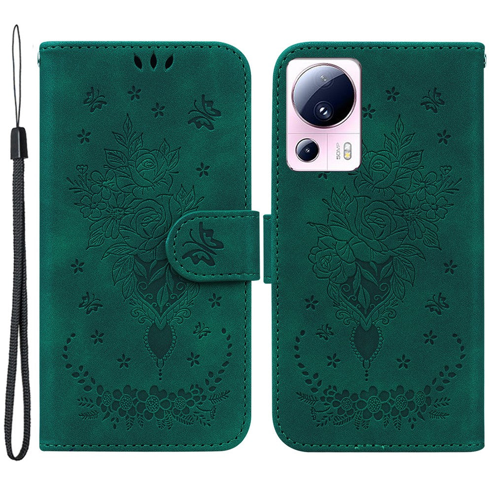 PU-læder-pungcover til Xiaomi 13 Lite / Civi 2 5G med trykt rosenfuglemotiv og stativ