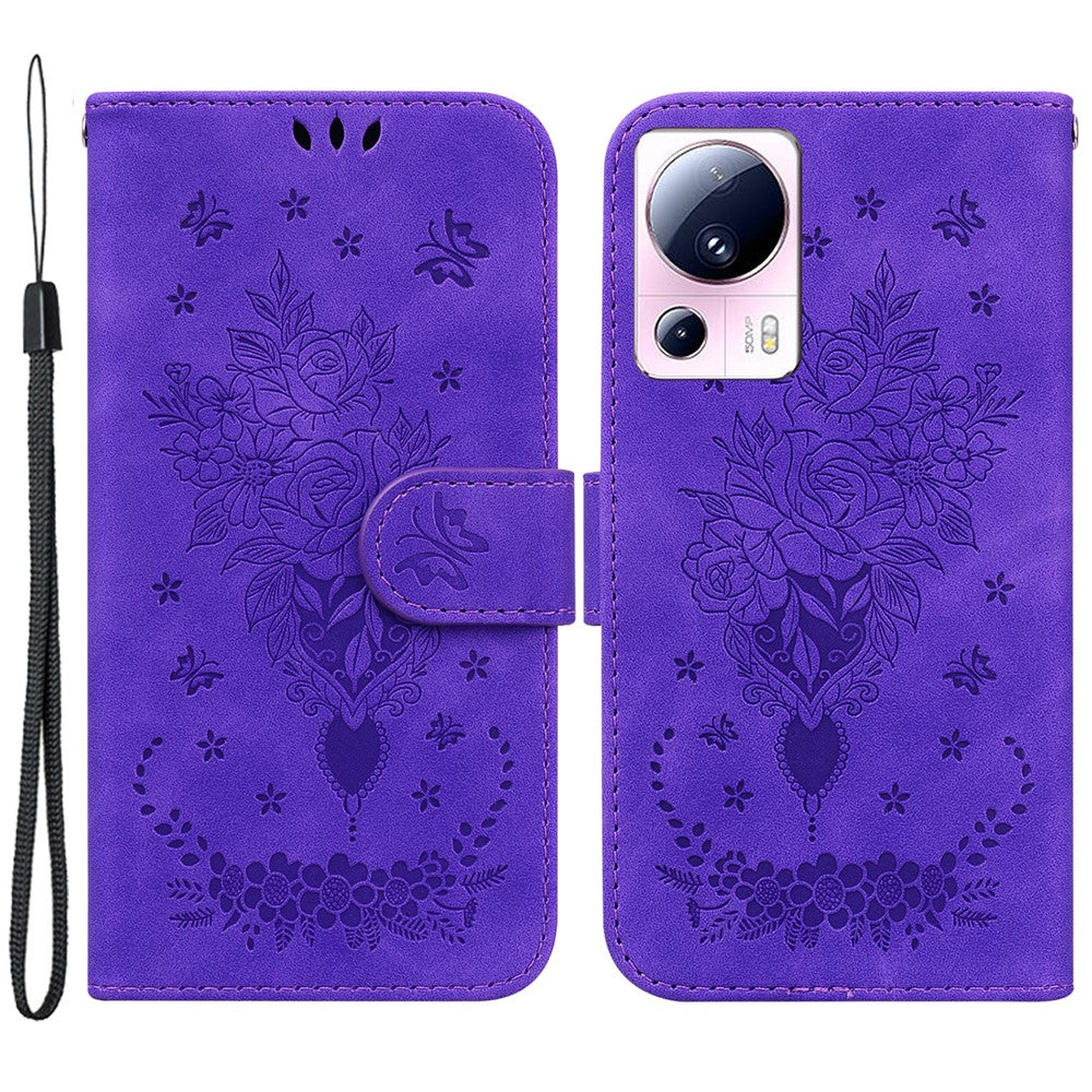 PU-læder-pungcover til Xiaomi 13 Lite / Civi 2 5G med trykt rosenfuglemotiv og stativ