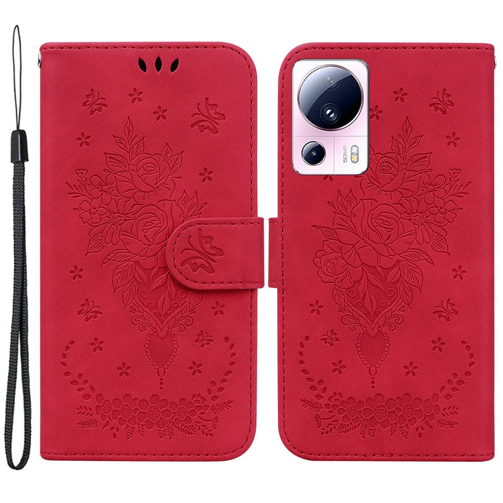PU-læder-pungcover til Xiaomi 13 Lite / Civi 2 5G med trykt rosenfuglemotiv og stativ