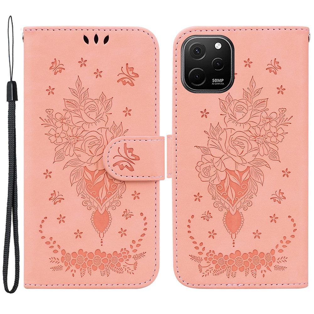Huawei Nova Y61 4G / Enjoy 50z 4G Plånboksfodral i läder med tryckt rosa fjäril