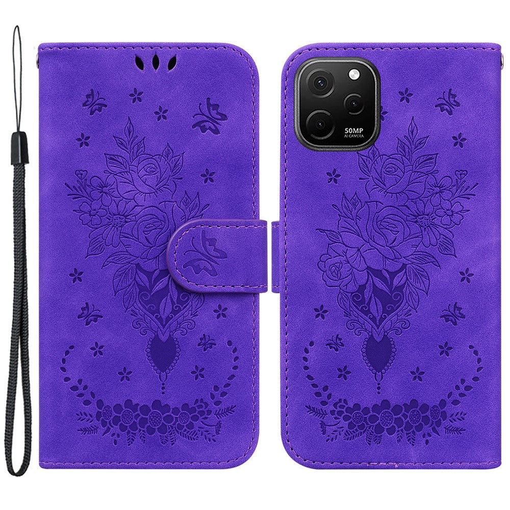 For Huawei nova Y61 4G / Enjoy 50z 4G Wallet Phone Stand Case Imprinted Rose Butterfly Leather Phone Shell Cover