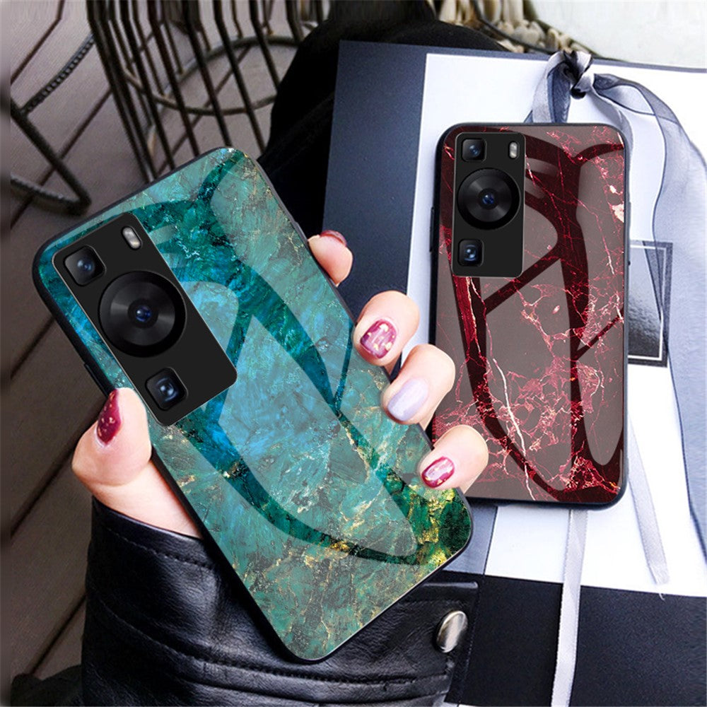 Huawei P60 / P60 Pro Marmormönster mobilskal Härdat Glas + PC + TPU Fallskyddande Skal