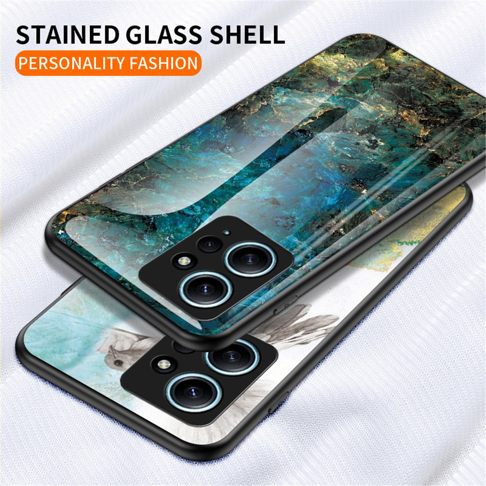 For Xiaomi Redmi Note 12 4G Tempered Glass+PC+TPU Phone Case Marble Pattern Cover