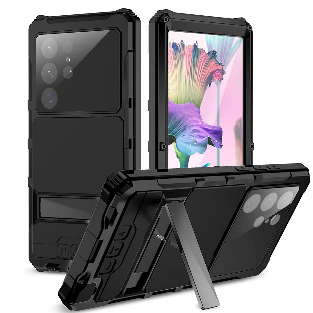 R-JUST För Samsung Galaxy S23 Ultra Stativskal PC+Silikon+Metall Vattentätt Dammtät Skal med Skärmskydd