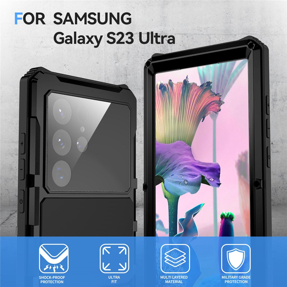 R-JUST För Samsung Galaxy S23 Ultra Stativskal PC+Silikon+Metall Vattentätt Dammtät Skal med Skärmskydd