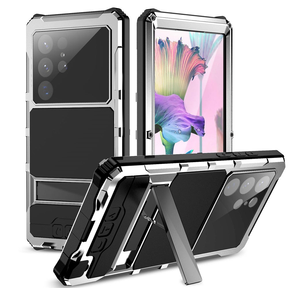 R-JUST För Samsung Galaxy S23 Ultra Stativskal PC+Silikon+Metall Vattentätt Dammtät Skal med Skärmskydd