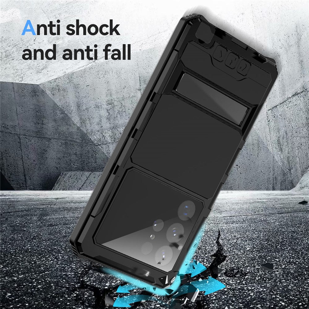 R-JUST vandtæt og faldsikkert cover til Samsung Galaxy S22 Ultra 5G med stativ og bagside i hærdet glas