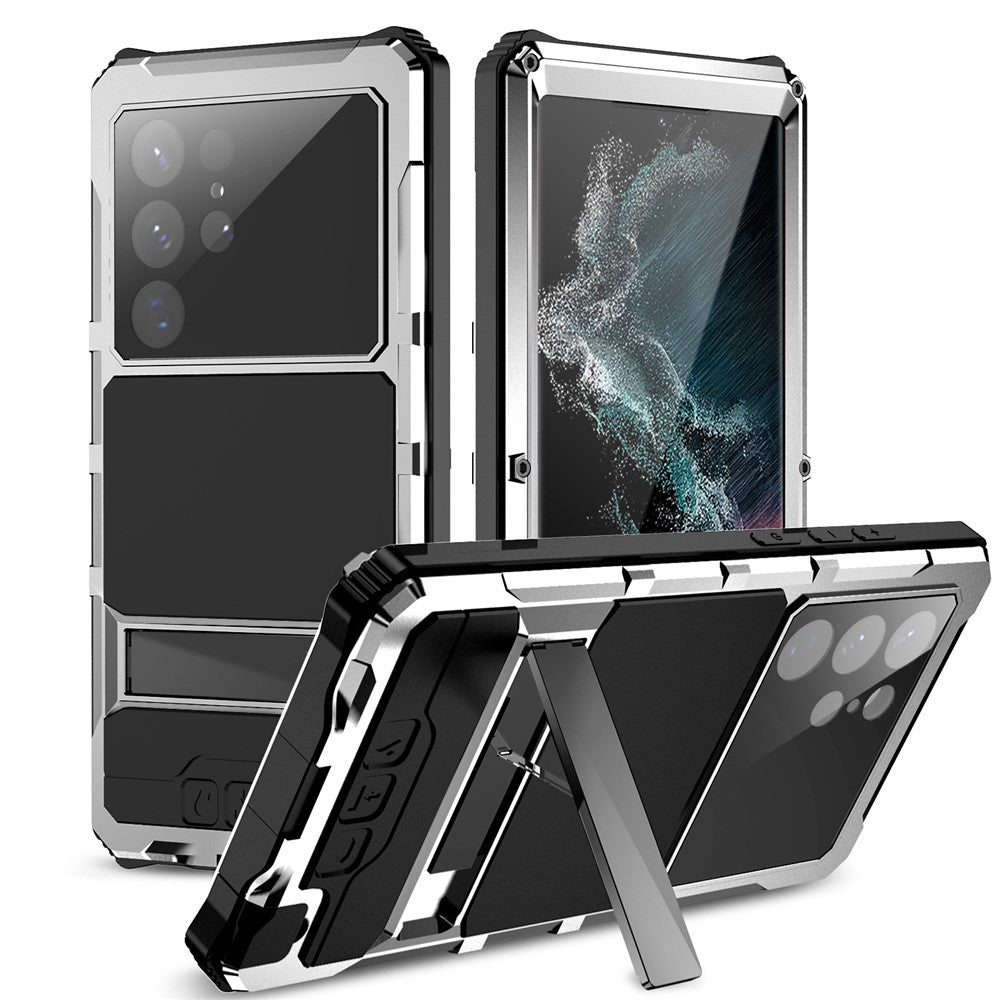 R-JUST vandtæt og faldsikkert cover til Samsung Galaxy S22 Ultra 5G med stativ og bagside i hærdet glas