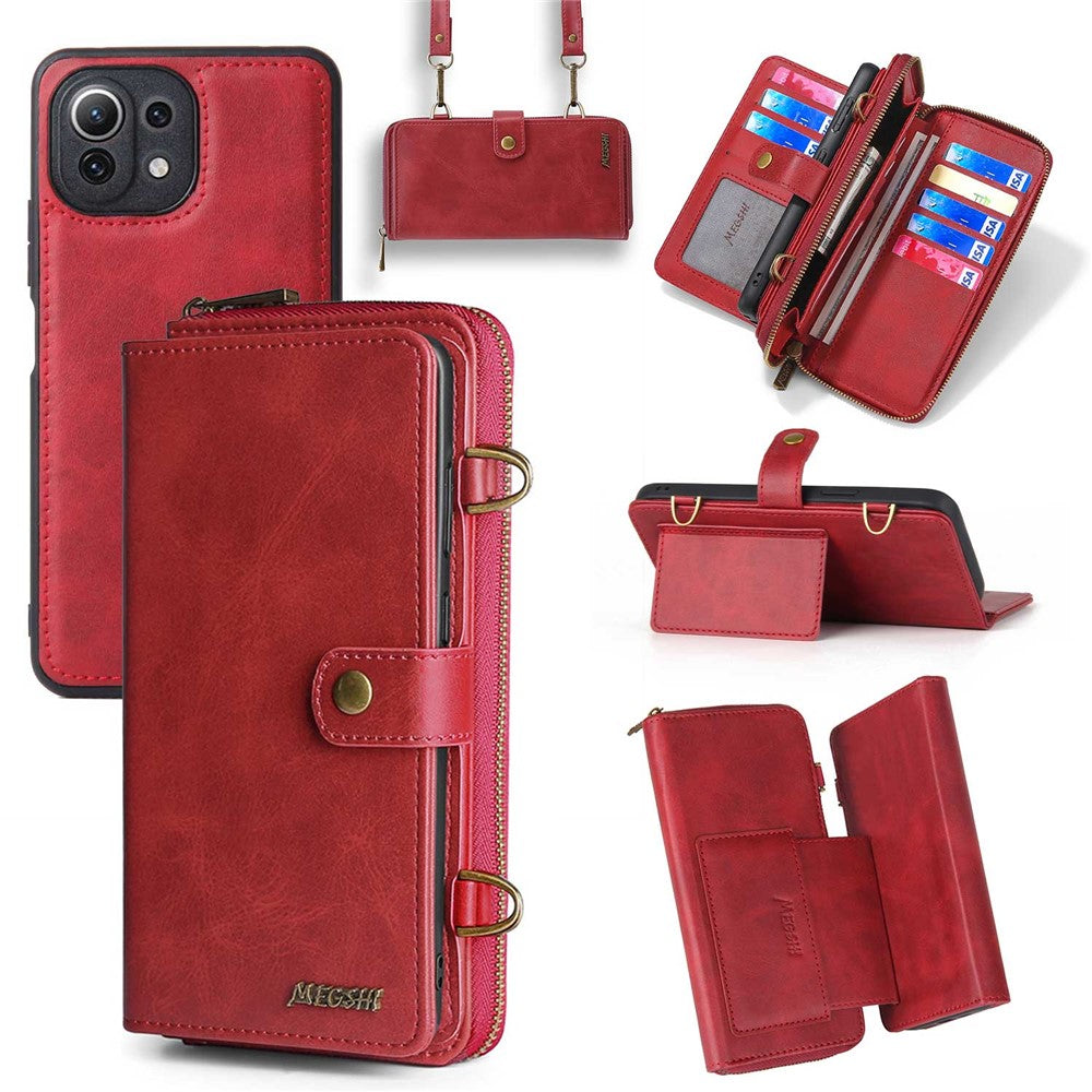 MEGSHI serie 020 til Xiaomi Mi 11 Lite 4G / 5G / 11 Lite 5G NE, aftageligt 2-i-1-tegnebogsetui af PU-læder+PC+TPU med stativ