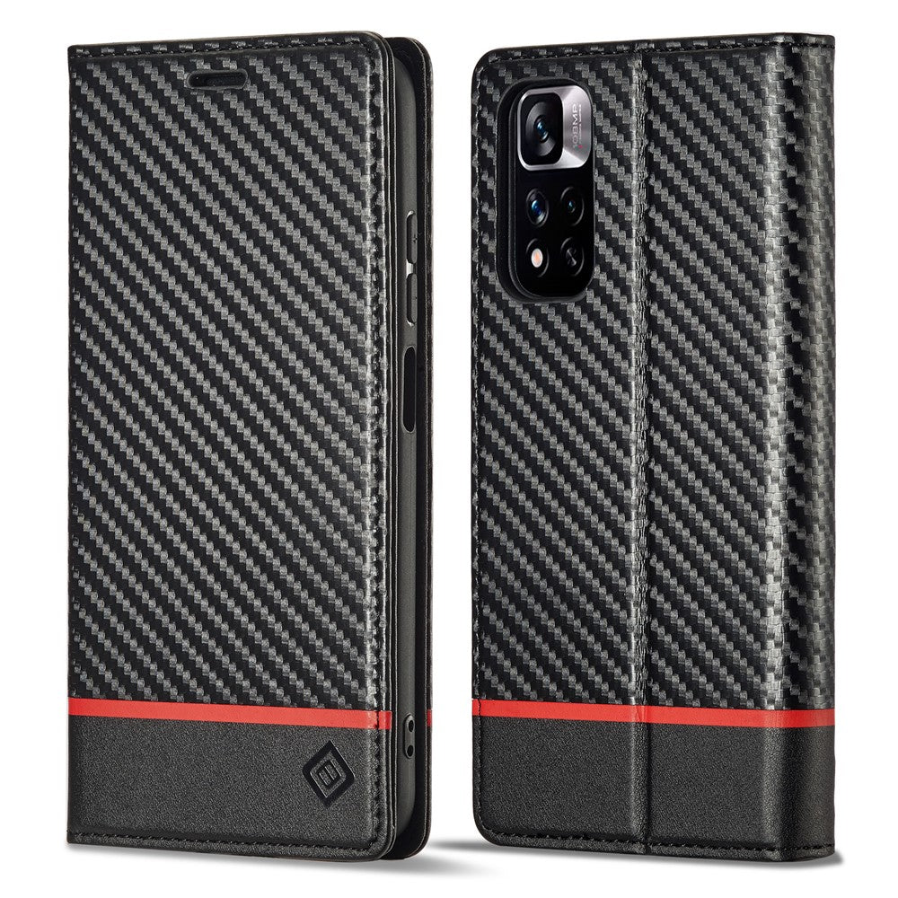 LC.IMEEKE För Xiaomi Redmi Note 12 Pro 4G / Note 11 Pro 4G (Mediatek) / 5G (Qualcomm) Kolfiberstruktur Stativfodral PU-läder Plånboksfodral