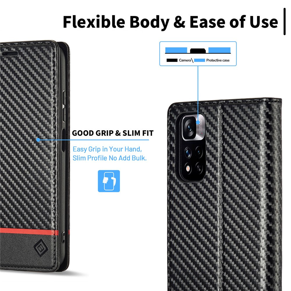 LC.IMEEKE För Xiaomi Redmi Note 12 Pro 4G / Note 11 Pro 4G (Mediatek) / 5G (Qualcomm) Kolfiberstruktur Stativfodral PU-läder Plånboksfodral