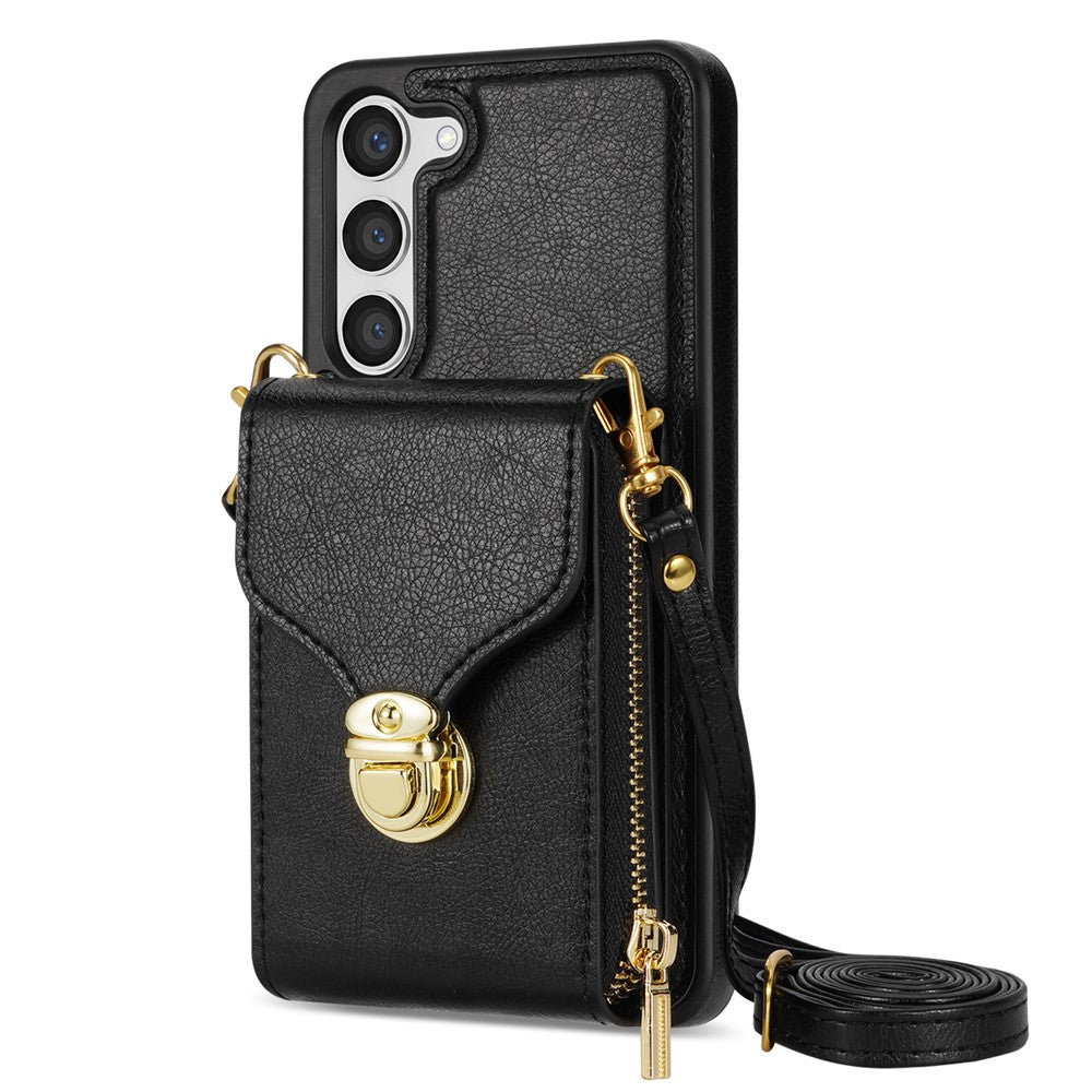 For Samsung Galaxy S23+ Zipper Leather Coated TPU Phone Case Card Holder Kickstand Cover
