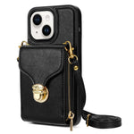 For iPhone 14 PU Leather Coated TPU Phone Case Zipper Card Slot Kickstand Cover with Shoulder Strap