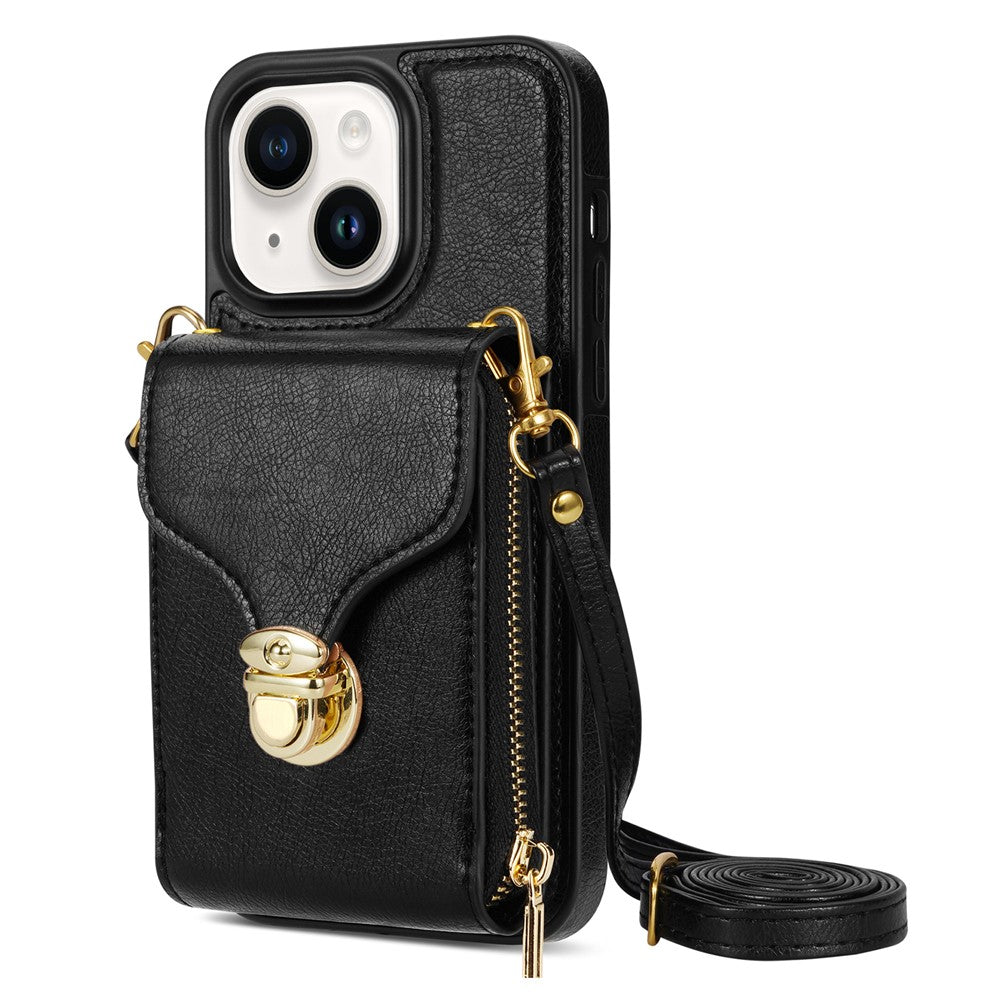 For iPhone 14 PU Leather Coated TPU Phone Case Zipper Card Slot Kickstand Cover with Shoulder Strap