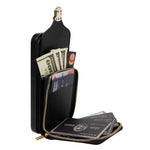 For iPhone 14 PU Leather Coated TPU Phone Case Zipper Card Slot Kickstand Cover with Shoulder Strap