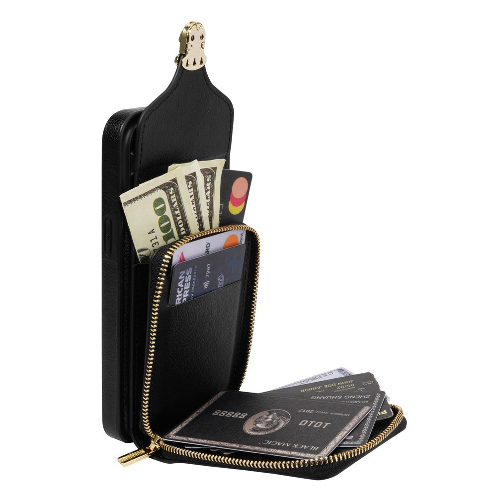 For iPhone 14 PU Leather Coated TPU Phone Case Zipper Card Slot Kickstand Cover with Shoulder Strap