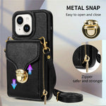 For iPhone 14 PU Leather Coated TPU Phone Case Zipper Card Slot Kickstand Cover with Shoulder Strap